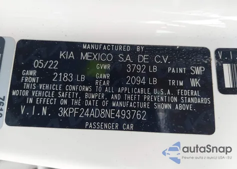 2022 Kia Forte Lxs из США, поврежденный, VIN 3KPF24AD8NE493762